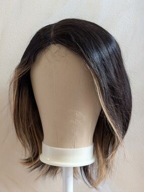 Brown Lace Front Straight Wig Shoulder-Length Dark Brown w/Highlights Side Part